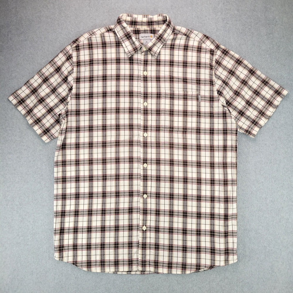 Carhartt Button Up Shirt Mens XL Cream Brown Red Plaid Short Sleeve S278 PUT